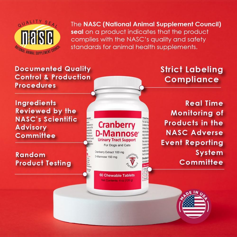 Cranberry & D-Mannose Urinary Tract Supplement for Dogs & Cats - Bladder & Urinary Tract Health Support - Cranberry Extract, D-Mannose & Vitamin C - 60 Chewable Tablets