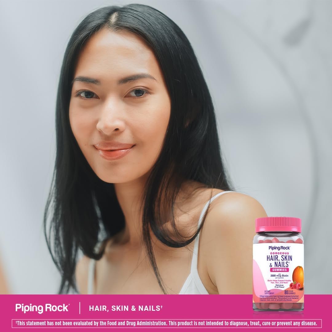 Piping Rock Vitaminas para Cabello, Piel y Uñas - 80 Gominolas - 2500 μg de Biotina - Multivitamínico con Vitamina C y E - Sabor Fruta - Vegano, Sin OGM, Sin Gluten