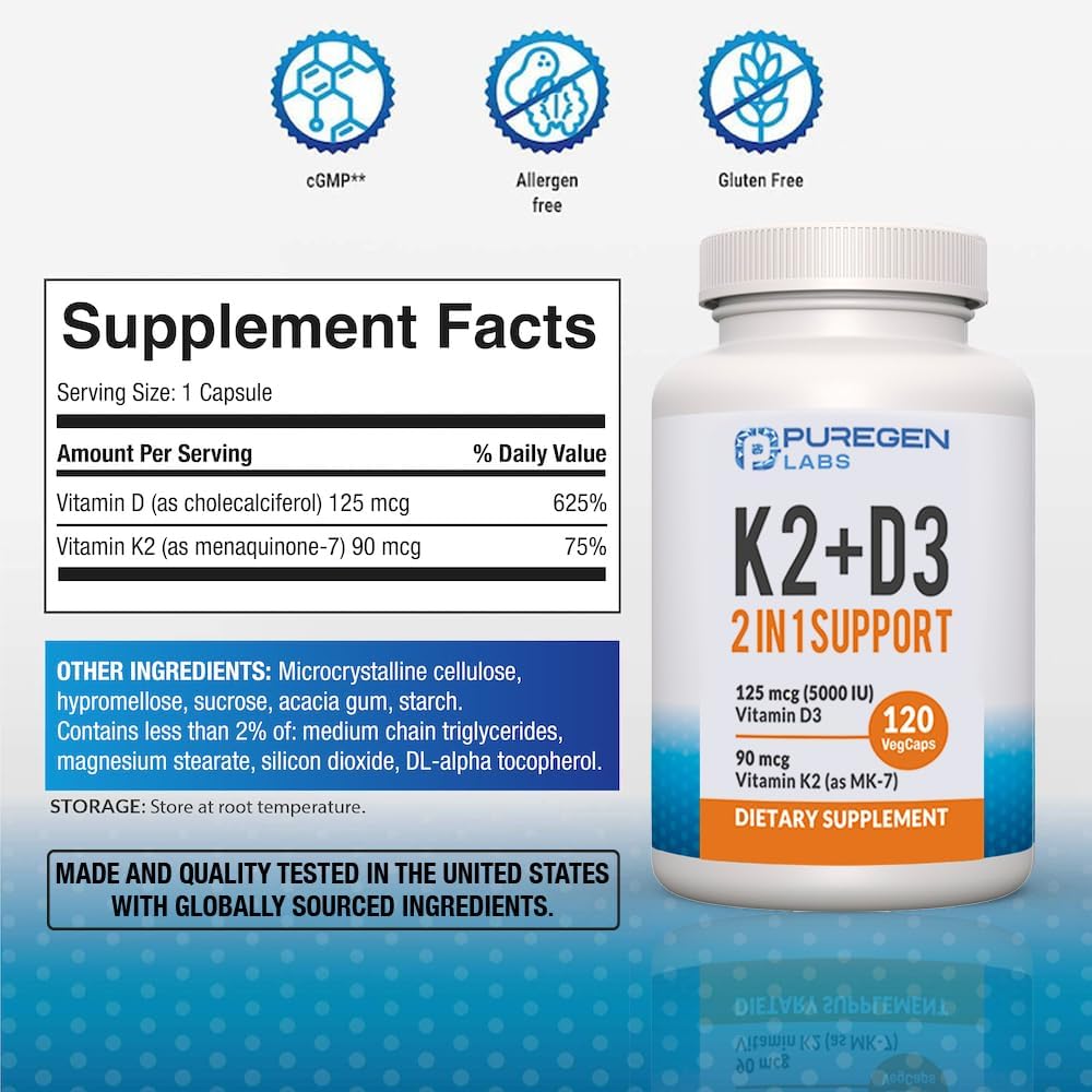 2 en 1 Alta Potencia – 90 mcg Vitamina K2 (MK-7) y 5000 UI Vitamina D3 – 120 Cápsulas