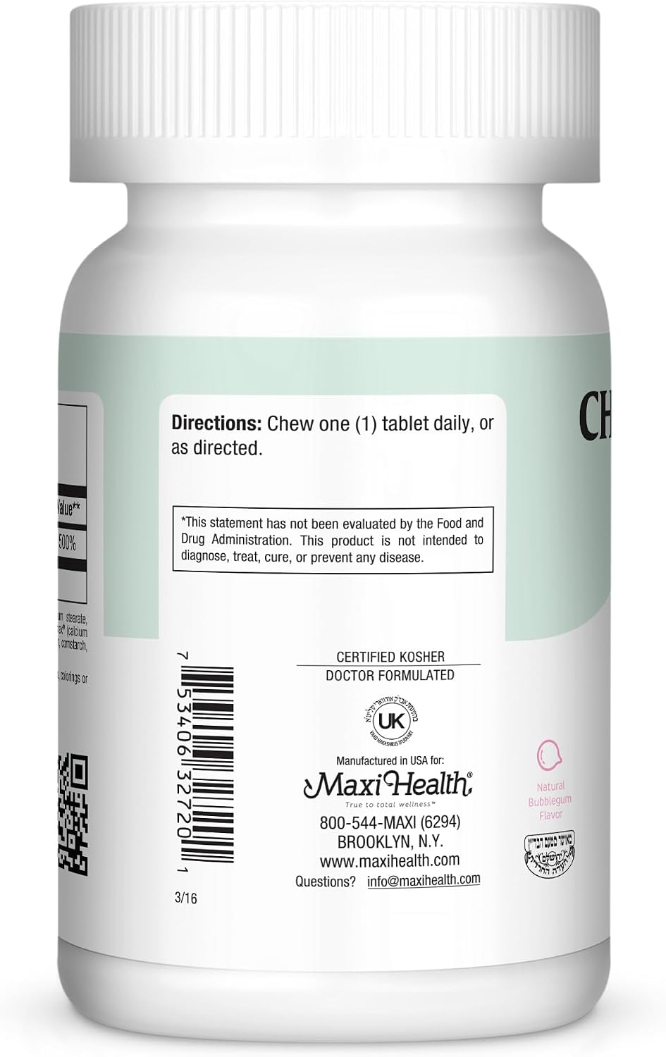 Maxi Health Vitamina D3 2000 IU Masticable - Sabor a Chicle Natural - 200 Comprimidos
