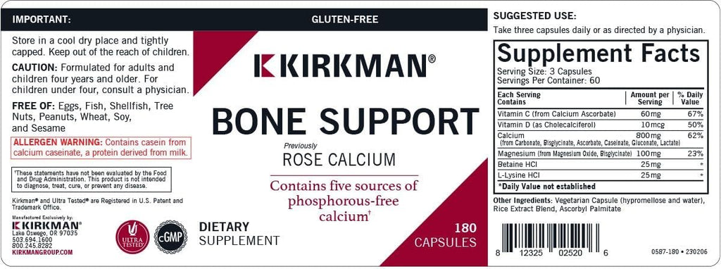 Kirkman Bone Support - Suplemento de Calcio para Huesos, 180 Cápsulas Vegetarianas