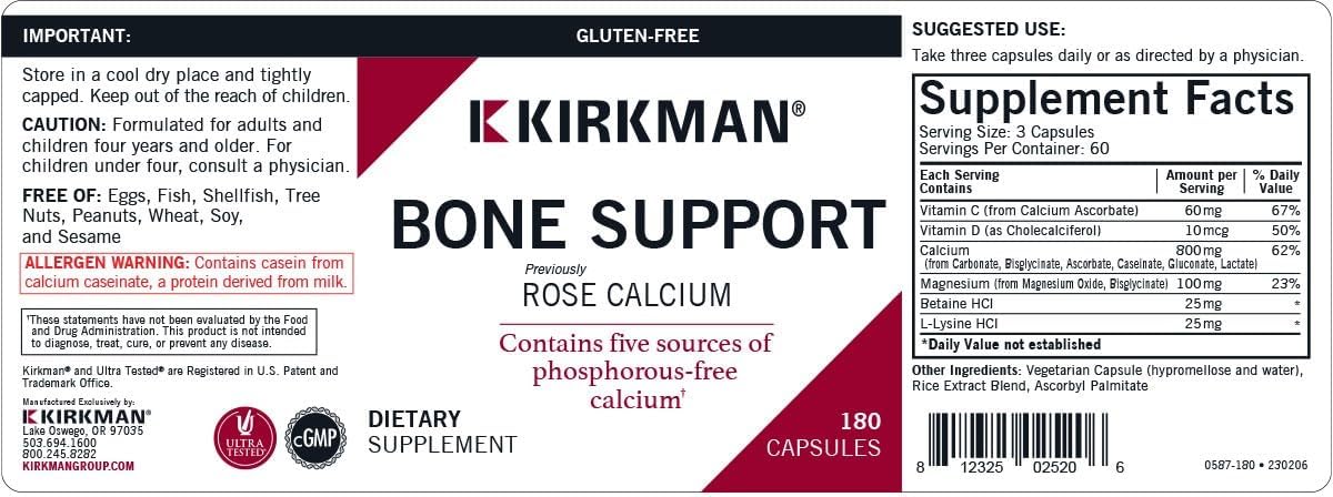 Kirkman Bone Support - Suplemento de Calcio para Huesos, 180 Cápsulas Vegetarianas