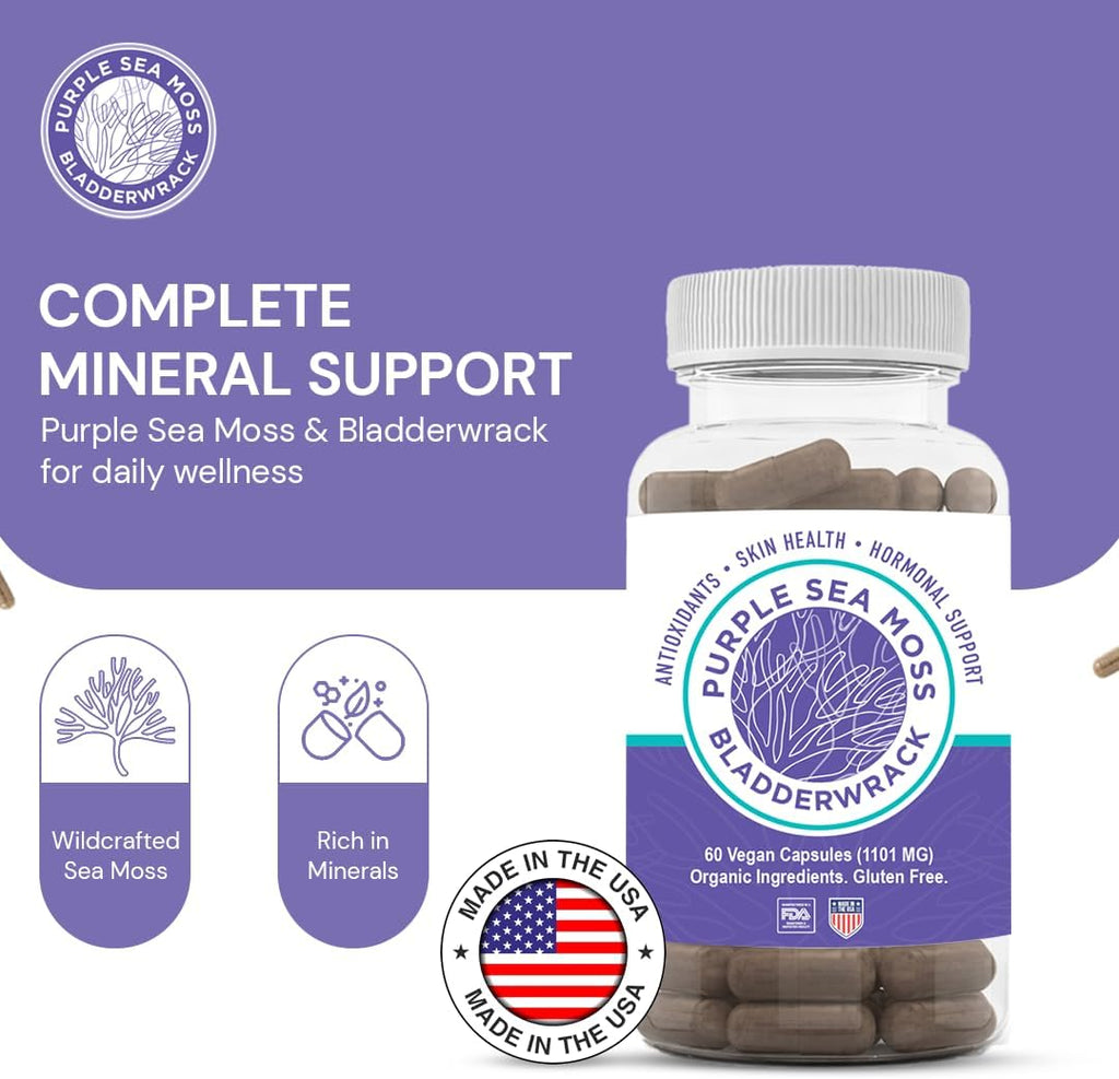 Cápsulas de Musgo Marino Púrpura y Bladderwrack | 2202mg Perfil Nutricional Completo - Mezcla de Algas Silvestres para el Bienestar Diario – 60 Cápsulas