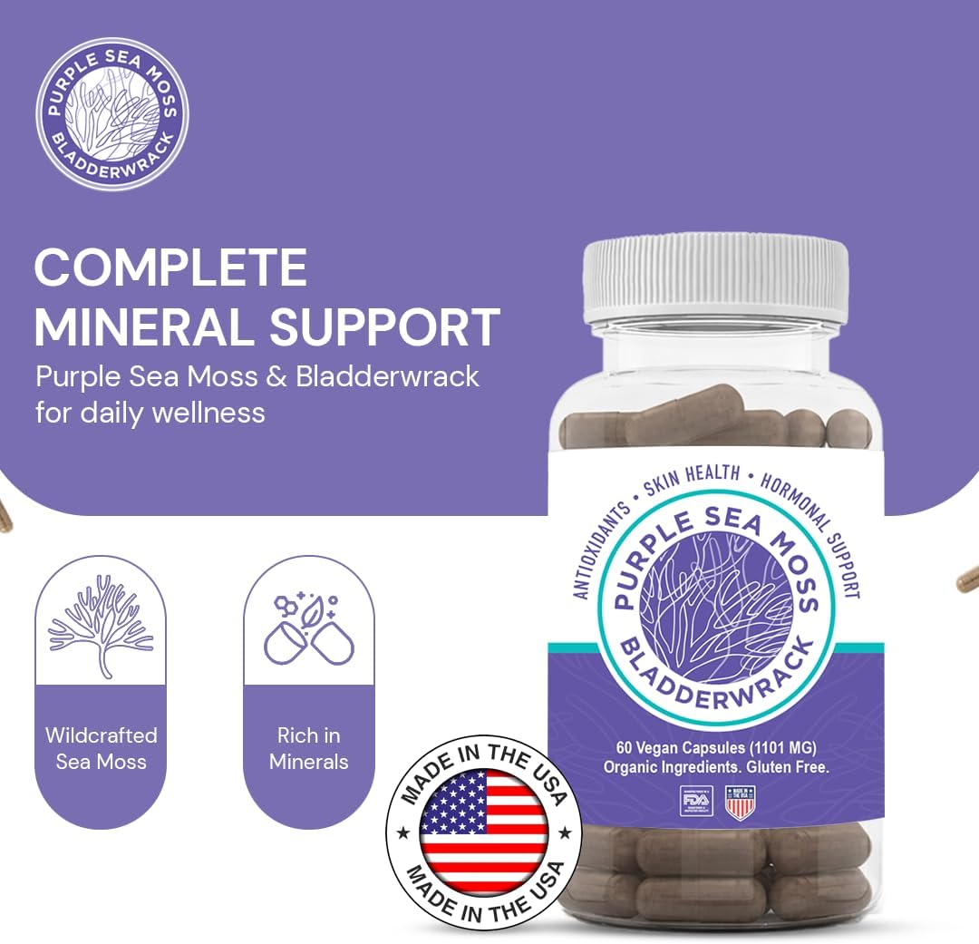 Cápsulas de Musgo Marino Púrpura y Bladderwrack | 2202mg Perfil Nutricional Completo - Mezcla de Algas Silvestres para el Bienestar Diario – 60 Cápsulas