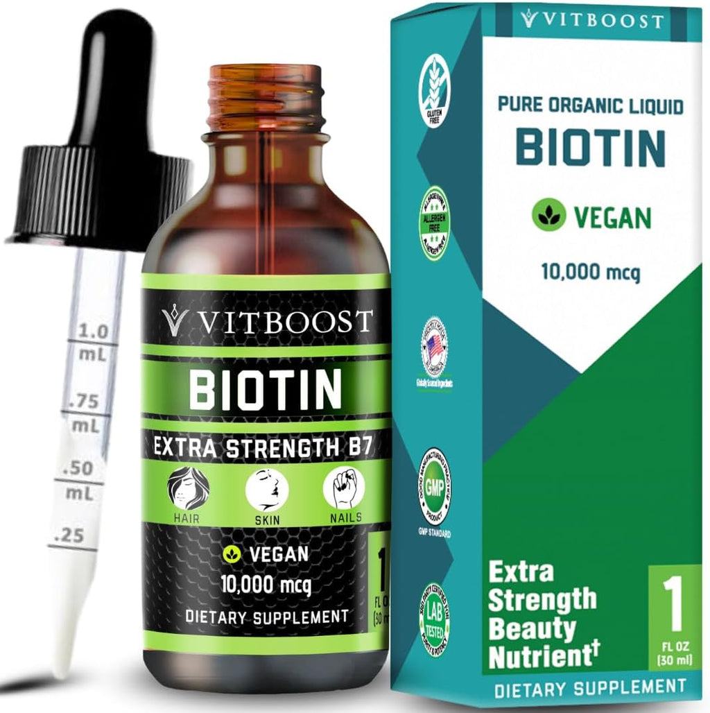 Vitboost Gotas de Biotina Líquida 10.000mcg con Sabor a Bayas Orgánicas – Fórmula Vegana Extra Fuerte