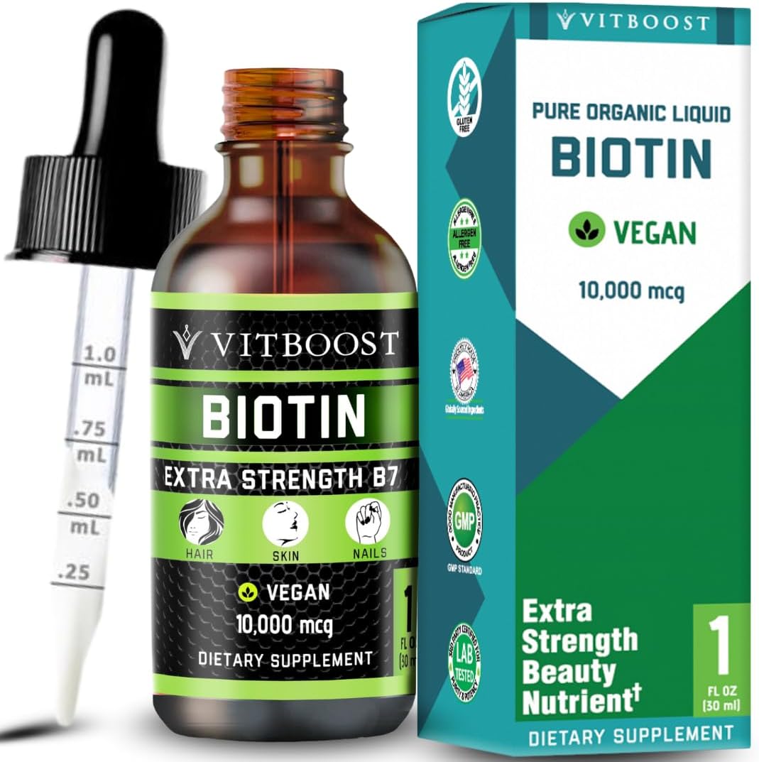 Vitboost Gotas de Biotina Líquida 10.000mcg con Sabor a Bayas Orgánicas – Fórmula Vegana Extra Fuerte