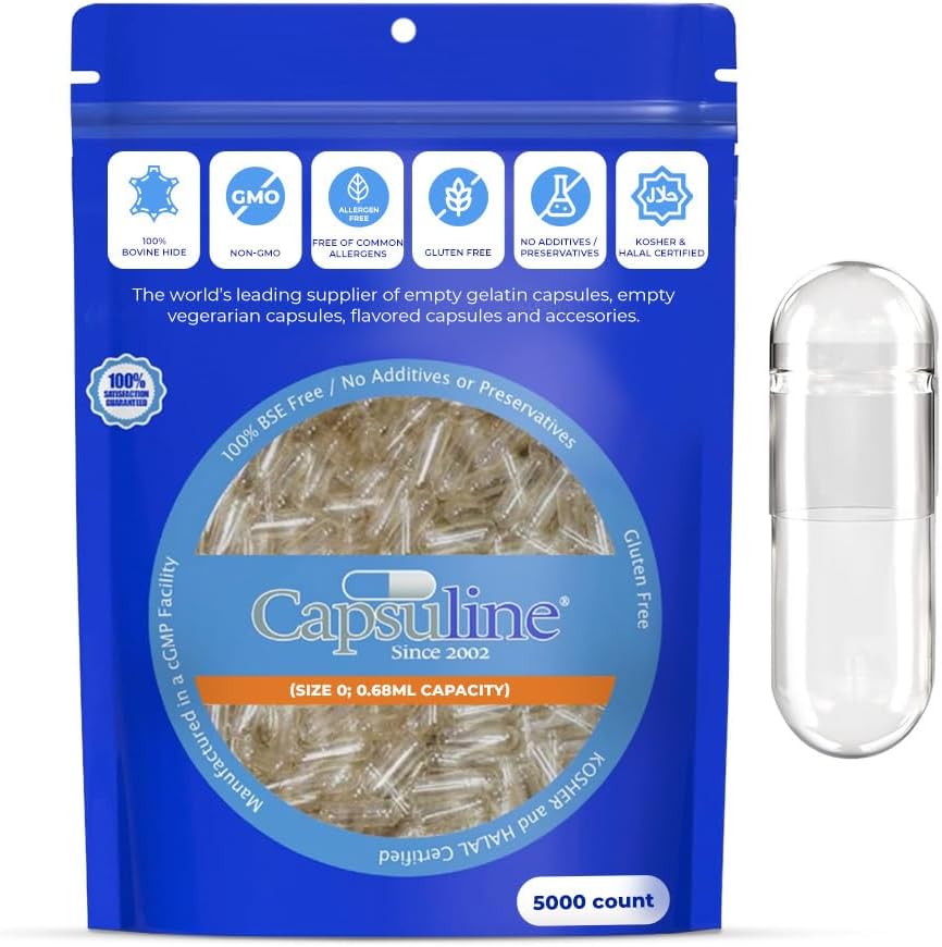 Capsuline Cápsulas de Gelatina Vacías Tamaño 0 - 5000 Unidades | Sin Gluten, Kosher, No Transgénico | Cápsulas de Bovino Puras para Rellenar Suplementos