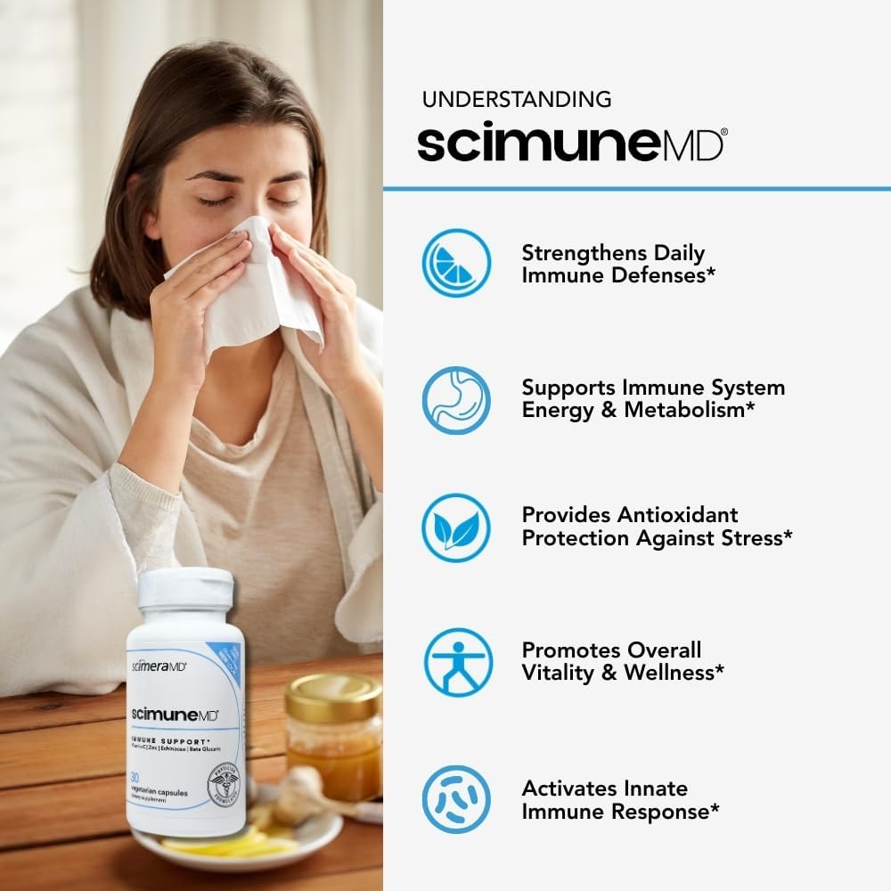 ScimeraMD® Scimune – Suplemento de apoyo inmunitario con zinc, quercetina, vitamina C, equinácea y Wellmune® beta-glucano, 30 cápsulas
