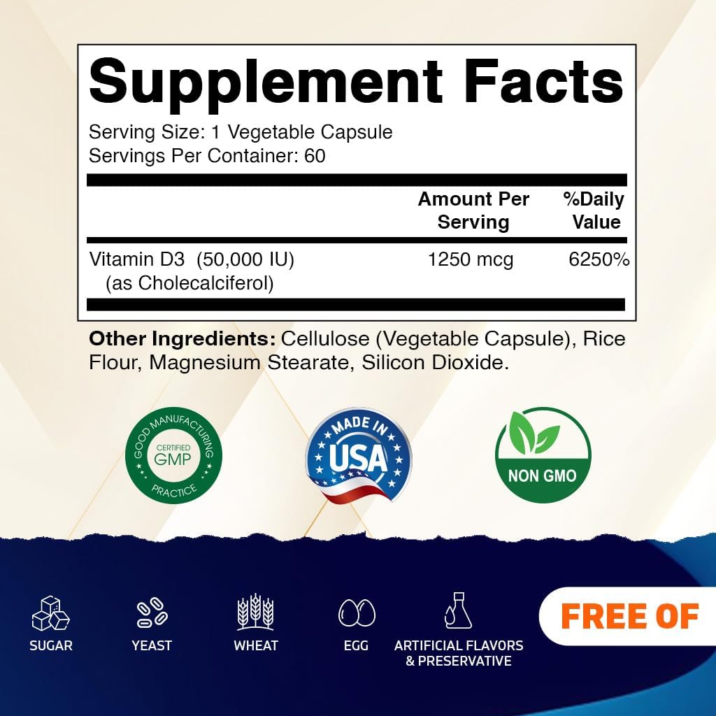 Vitamatic Vitamina D3 50,000 IU Una Vez por Semana, 60 Cápsulas Vegetales