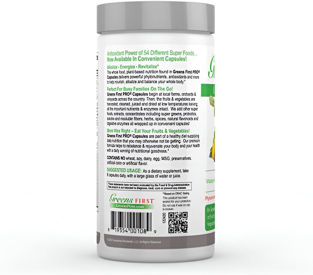 Greens First Cápsulas de Fitonutrientes - 49 Superalimentos Ricos en Antioxidantes con Frutas y Verduras Orgánicas, Prebióticos, Probióticos y Enzimas Digestivas - 180 Cápsulas