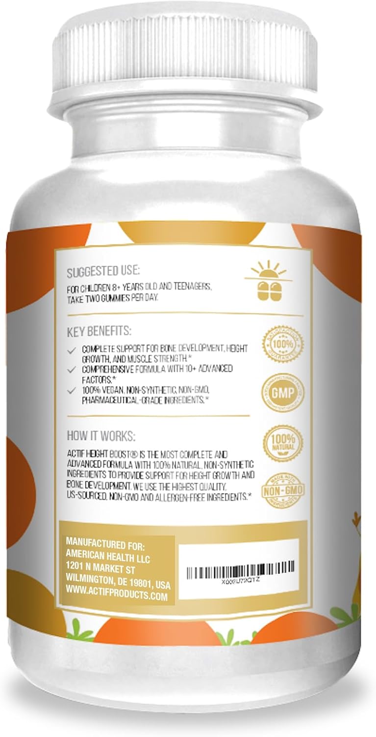 Actif Height Boost - 60 Gummies de Fresa - Suplemento de Crecimiento para Niños y Adolescentes con Vitaminas D3, K2, Zinc y Magnesio