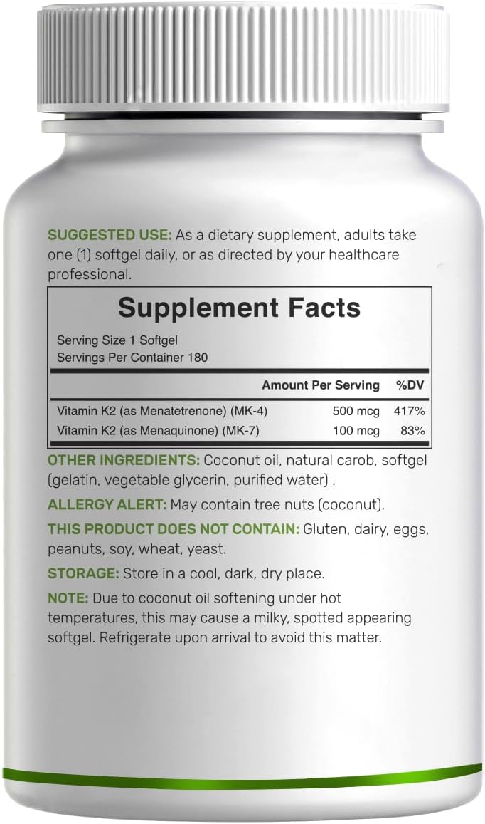 Vitamina K2 600mcg con MK-7 y MK-4, 180 Cápsulas de Aceite de Coco