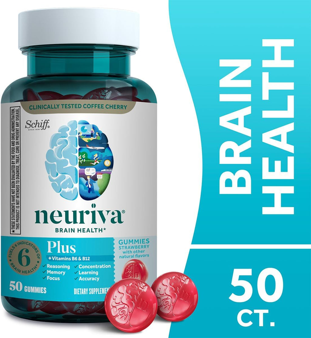 NEURIVA Plus Gominolas Nootrópicas para Memoria y Concentración, Sabor Fresa, 50 unidades (Pack de 3)