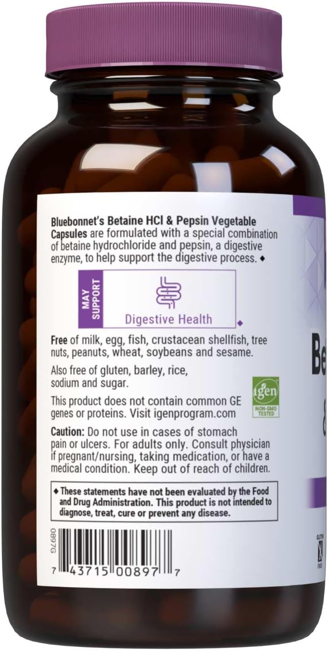 BlueBonnet Betaina HCI Plus Pepsin - 180 Cápsulas Vegetales