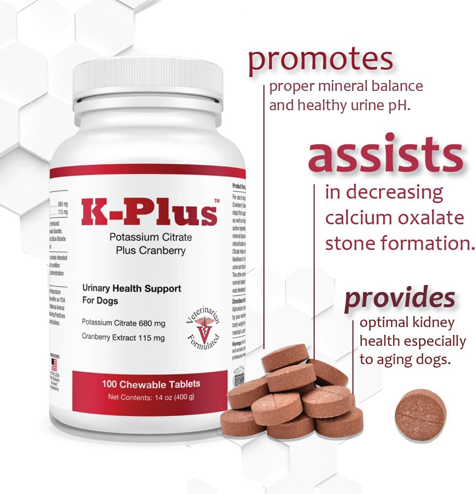 K-Plus Citrato de Potasio y Arándano para Perros - Complemento para la Salud Urinaria - 200 Comprimidos Masticables