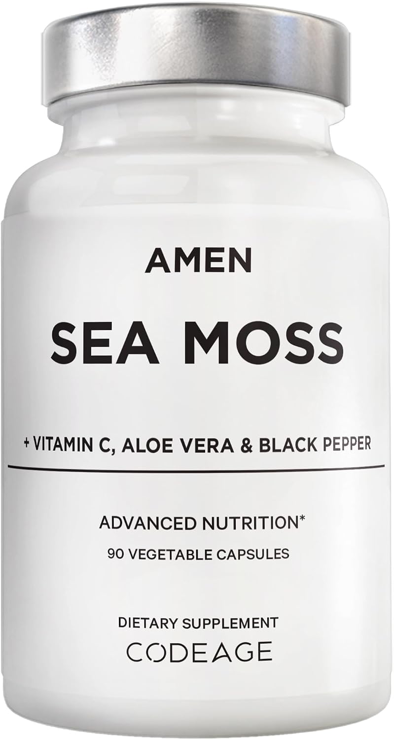 Amen Sea Moss, 1000 mg Musgo Marino Orgánico con Vejiga de Mar, Raíz de Bardana, Vitamina C y Pimienta Negra - 90 Cápsulas Veganas