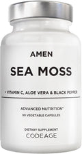 Amen Sea Moss, 1000 mg Musgo Marino Orgánico con Vejiga de Mar, Raíz de Bardana, Vitamina C y Pimienta Negra - 90 Cápsulas Veganas