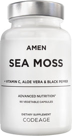Amen Sea Moss, 1000 mg Musgo Marino Orgánico con Vejiga de Mar, Raíz de Bardana, Vitamina C y Pimienta Negra - 90 Cápsulas Veganas