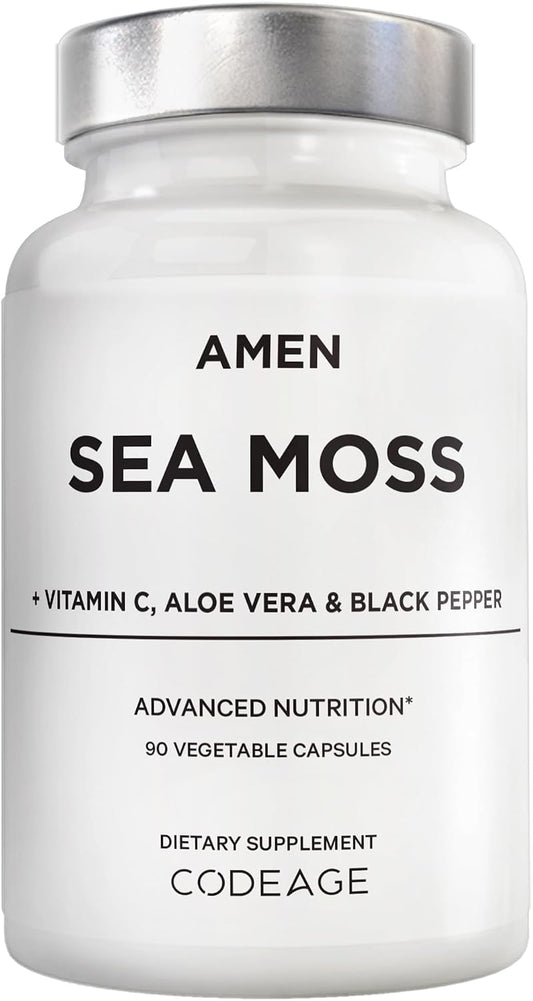 Amen Sea Moss, 1000 mg Musgo Marino Orgánico con Vejiga de Mar, Raíz de Bardana, Vitamina C y Pimienta Negra - 90 Cápsulas Veganas