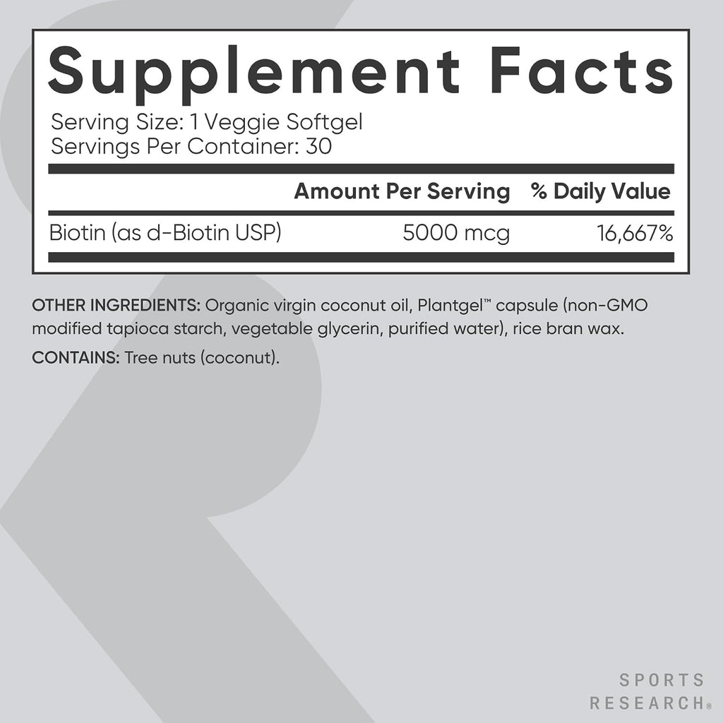 Sports Research® Biotina 5000mcg con Aceite de Coco Orgánico - 30 Cápsulas Blandas Vegetales