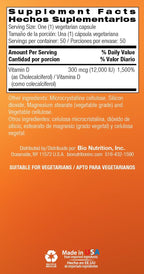 Bio Nutrition Vitamina D3 12,000 UI Cápsulas Vegetales, 50 Unidades