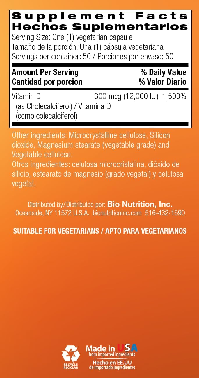Bio Nutrition Vitamina D3 12,000 UI Cápsulas Vegetales, 50 Unidades