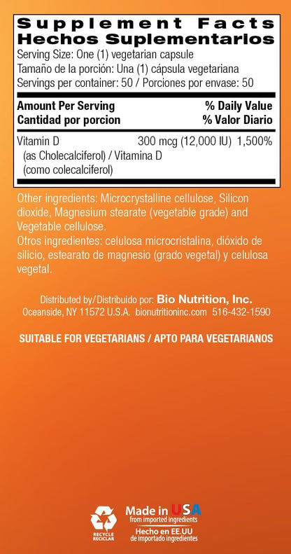 Bio Nutrition Vitamin D3 12,000 IU – Formato: Cápsulas vegetales (vegi-caps), adecuadas para vegetarianos. – Image 7