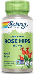 Solaray Rose Hips 550 mg - Escaramujo Natural en Cápsulas, Fuente de Vitamina C y Bioflavonoides, Apoyo Herbal - 100 Cápsulas Veganas