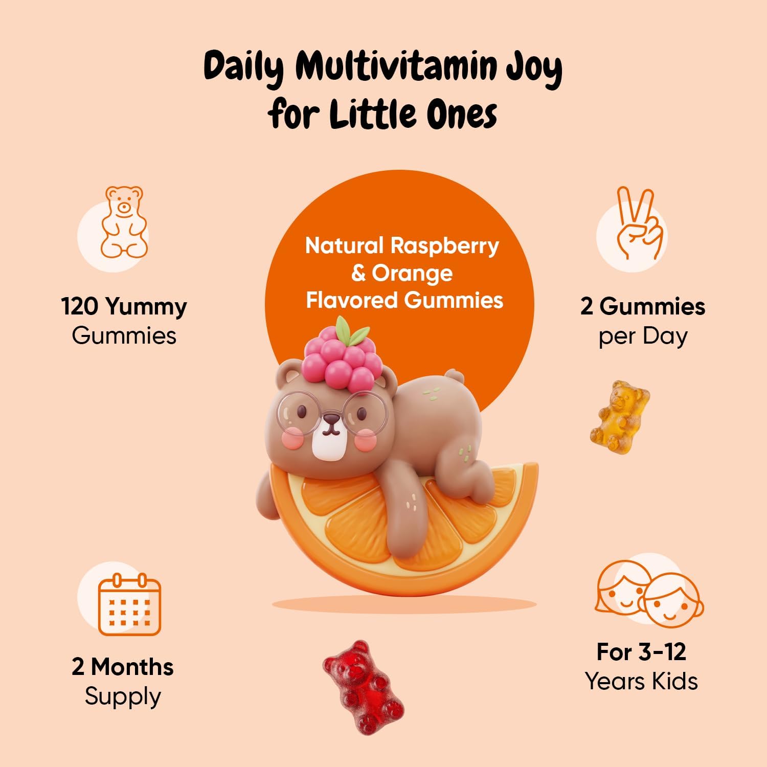 maxmedix Gomitas Multivitamínicas para Niños con Omega 3 6 9 | 20 Vitaminas Clave (C, A, D, E, B12) y Zinc – Sabor Frambuesa y Naranja, 120 Gomitas (2 Meses)
