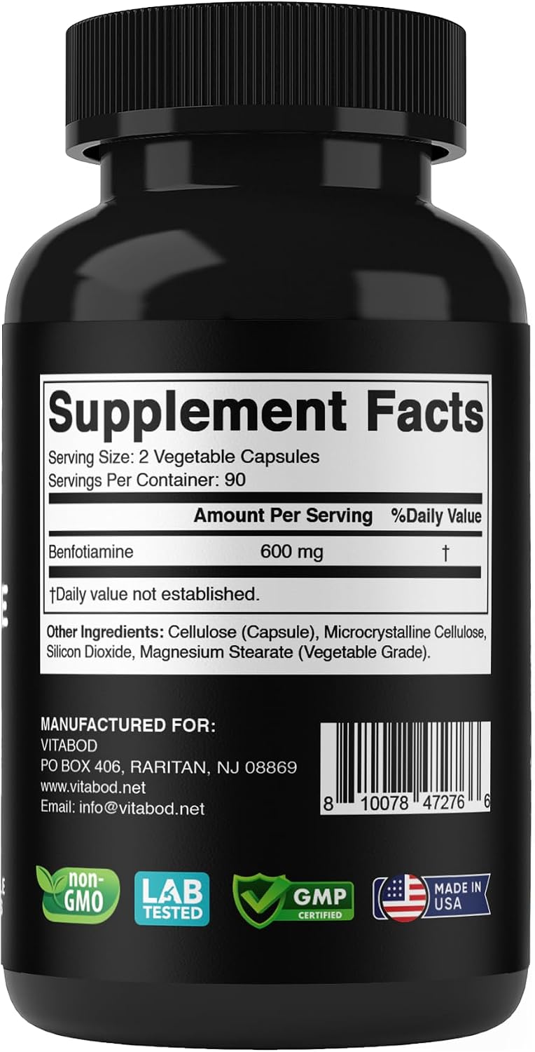 Vitabod Benfotiamina 600mg – 180 Cápsulas Vegetarianas – Suplemento de Vitamina B1 Liposoluble