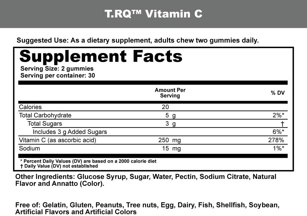 T.RQ Vitamin C Gummy (Complemento Alimenticio), Naranja Natural, 60 unidades