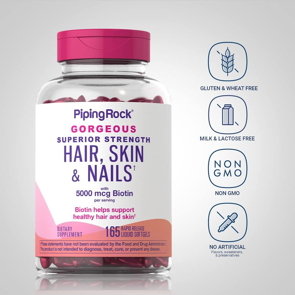 Piping Rock Vitaminas para Cabello, Piel y Uñas, 165 Cápsulas Blandas, 5000 mcg de Biotina Extra Fuerte, con Aceite de Argán y Coco, Sin OGM, Sin Gluten