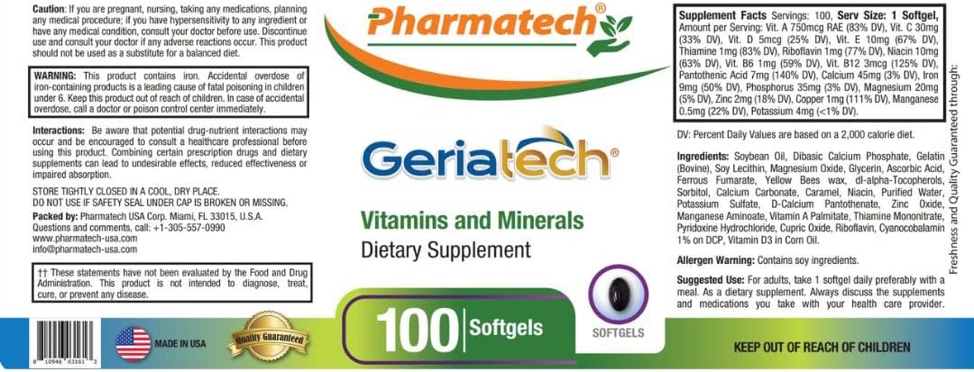 Multivitamínico para Mayores de 60 con Vitaminas y Minerales, para Mujeres y Hombres, con Vitamina B12, Fácil de Tragar, 100 Cápsulas Blandas - Pharmatech
