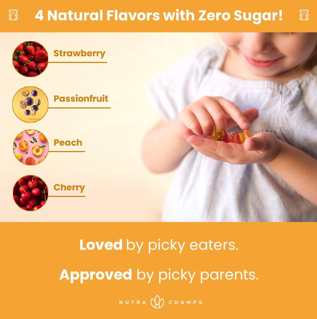 NutraChamps Gominolas Multivitamínicas para Niños | Sin Azúcar | 120 Gominolas | Vegano y Sin OGM | Sabores Fresa, Maracuyá, Melocotón y Cereza