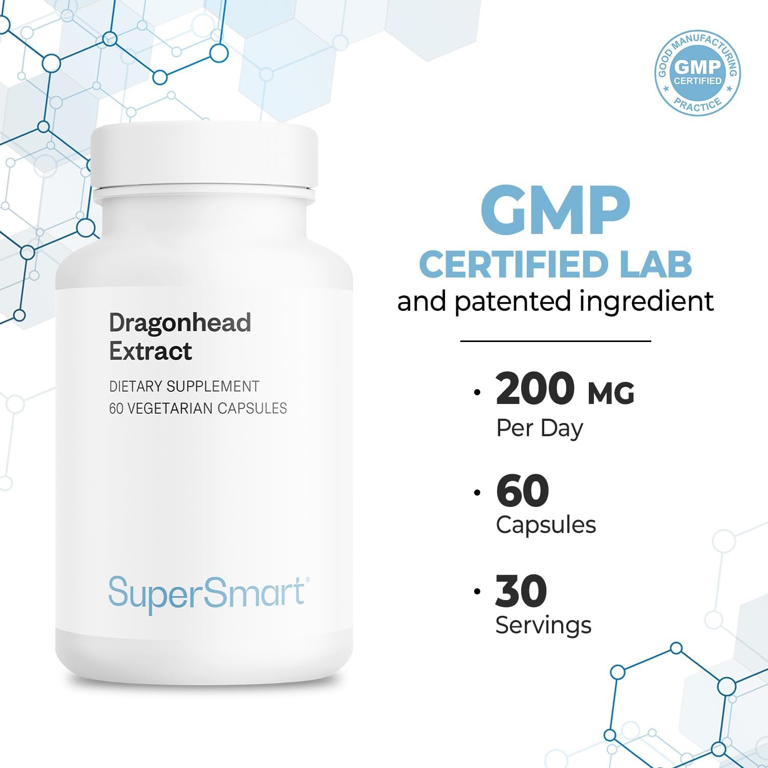 Supersmart - Extracto de Cabeza de Dragón 200mg al Día (Patented) - Suplemento DracoBelle de Cabeza de Dragón | No OGM y Sin Gluten - 60 Cápsulas Vegetales