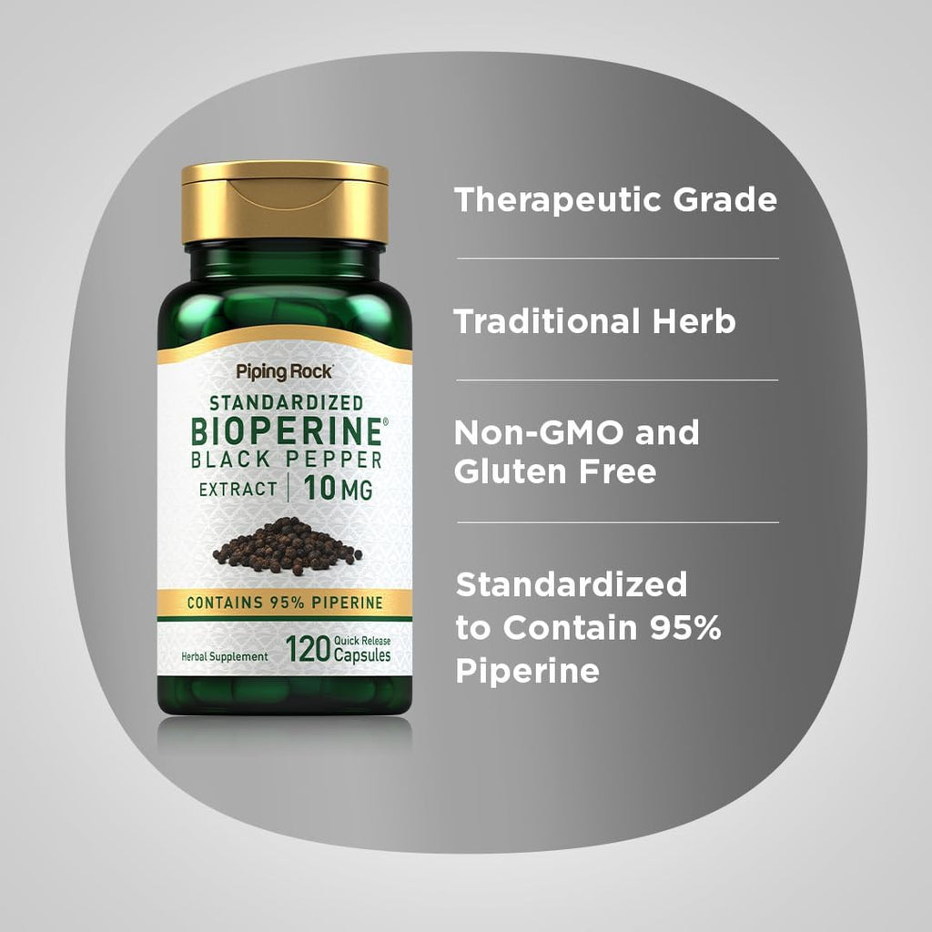 Piping Rock Bioperine Supplement 10mg | 120 Cápsulas | Extracto de Pimienta Negra | 95% Piperina | Sin Gluten, No Transgénico