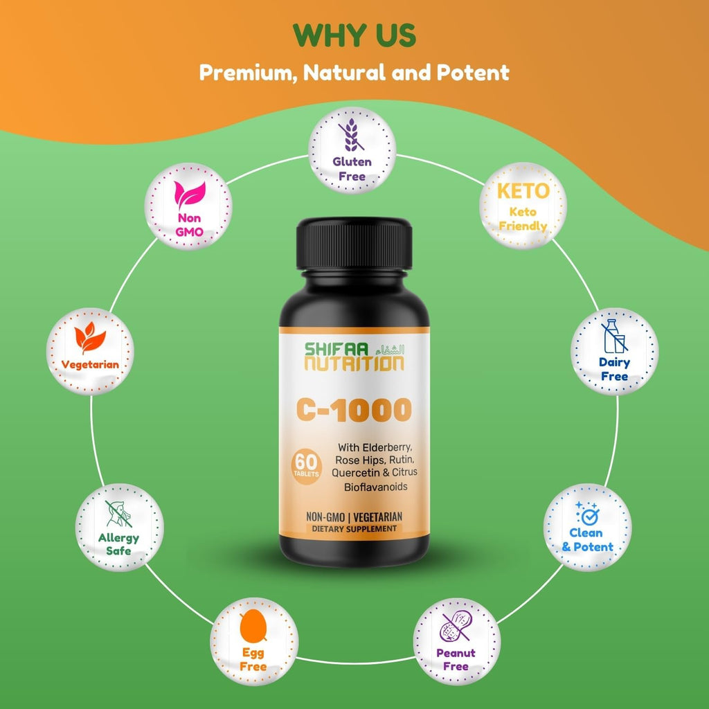 SHIFAA NUTRITION Halal Vitamina C 1000 mg - 60 Días - Con Saúco, Quercetina, Escaramujo y Rutina - Vegetariano, Sin Gluten