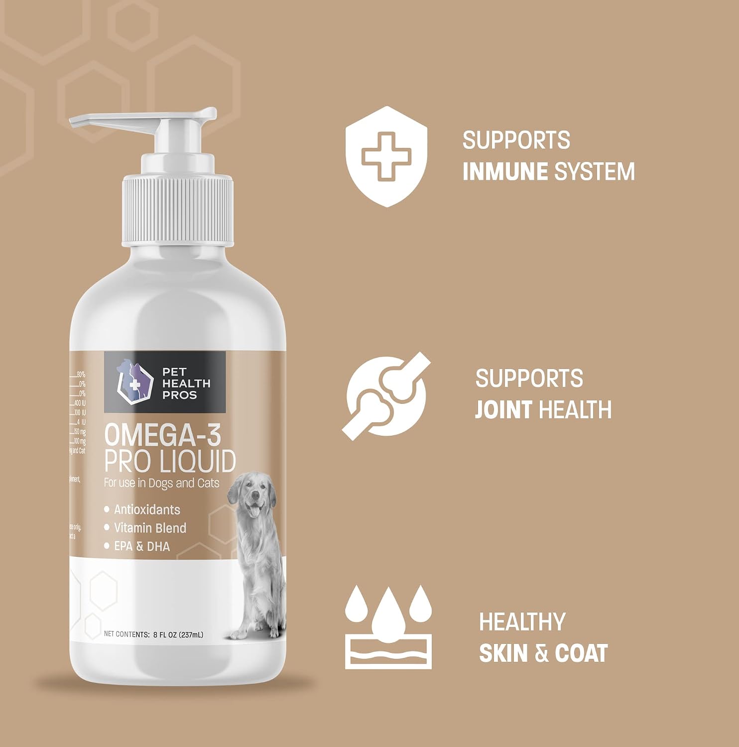 Omega 3 Pro Aceite de Pescado para Perros - Suplemento para Piel y Pelaje con Bomba - 237 ml