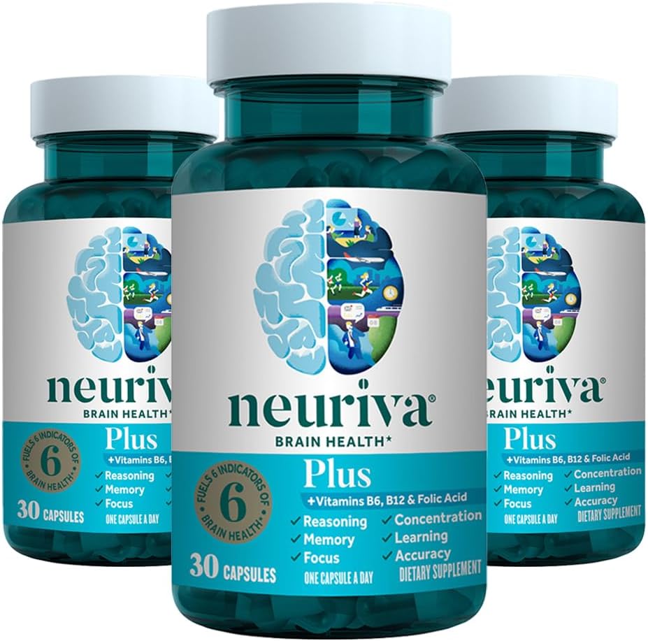 NEURIVA Plus Complemento Alimenticio para el Cerebro, Memoria y Concentración con Fosfatidilserina y Neurofactor, Vitaminas B6 y B12, 90 Cápsulas (3 Envases de 30)