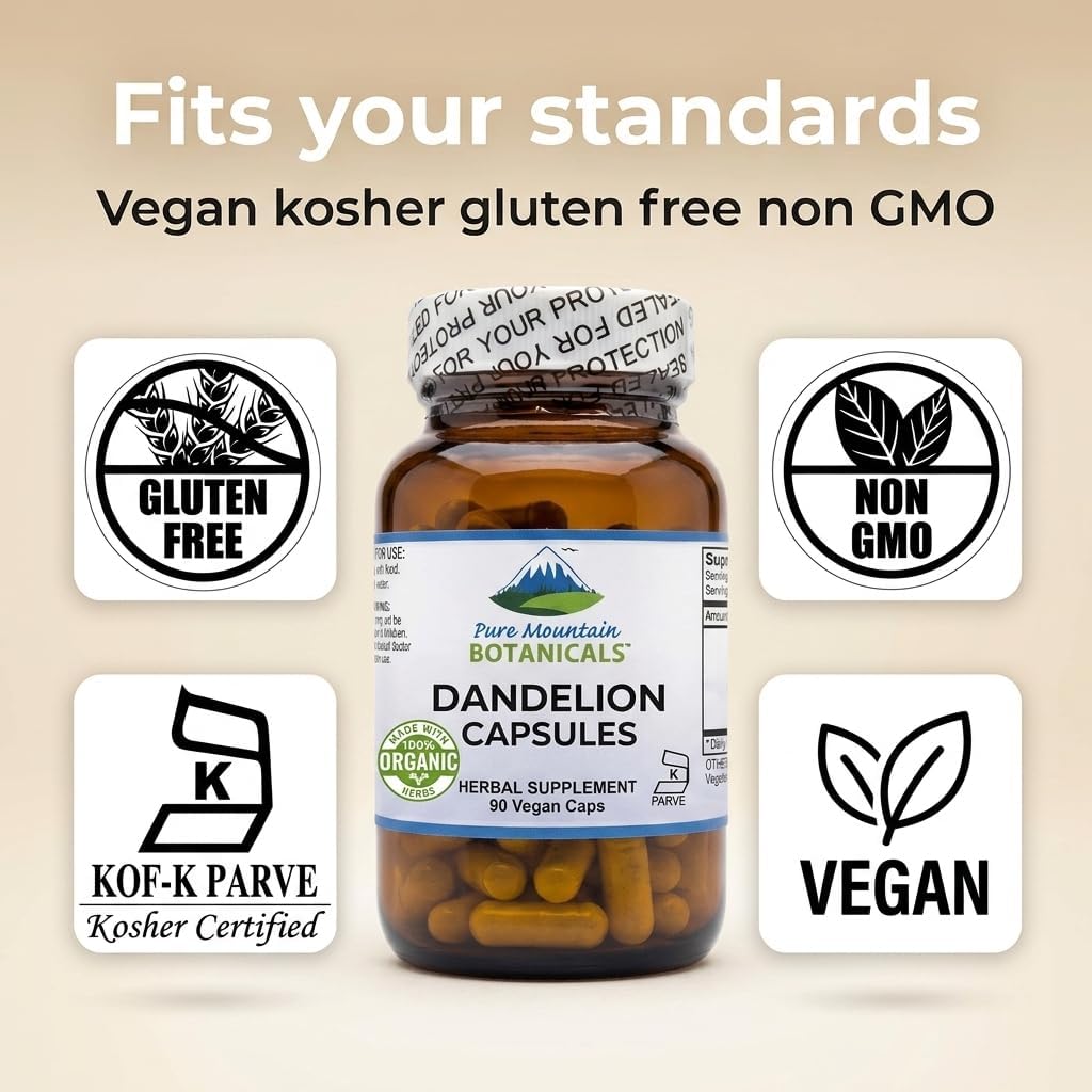 Pure Mountain Botanicals Cápsulas de Raíz de Diente de León - 450mg Orgánico - 90 Cápsulas Veganas Kosher Sin OGM