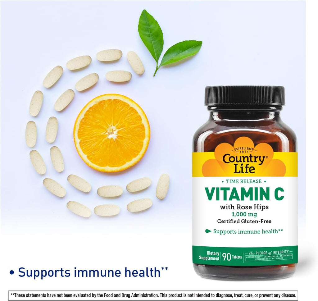 Country Life Vitamina C 1000 mg con Escaramujo – Liberación Prolongada – 90 Comprimidos