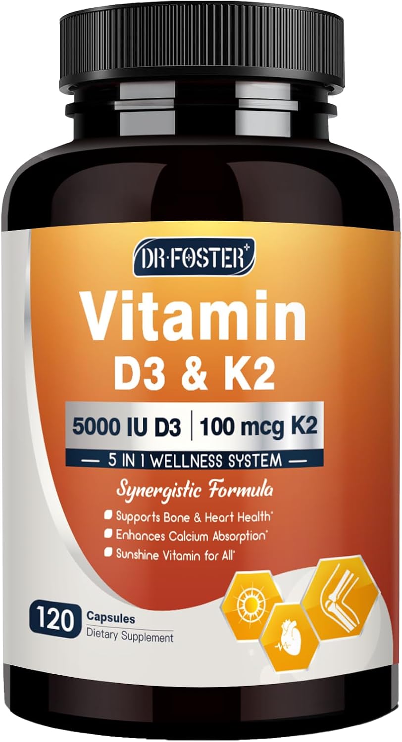 DRFOSTER Vitamin D3 & K2, High-Potency 125mcg D3 & 100mcg K2 (MK7), Advanced Bone & Heart Support Formula with Vitamin E, Folic Acid & Methyl B12, 120 Capsules