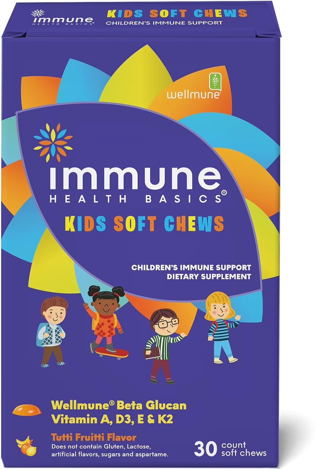 Gomitas blandas para niños con Wellmune® | Complejo de beta-glucano natural para apoyo inmunológico | Sin alérgenos, sin azúcar añadido | Sabor tutti-frutti, 30 gomitas