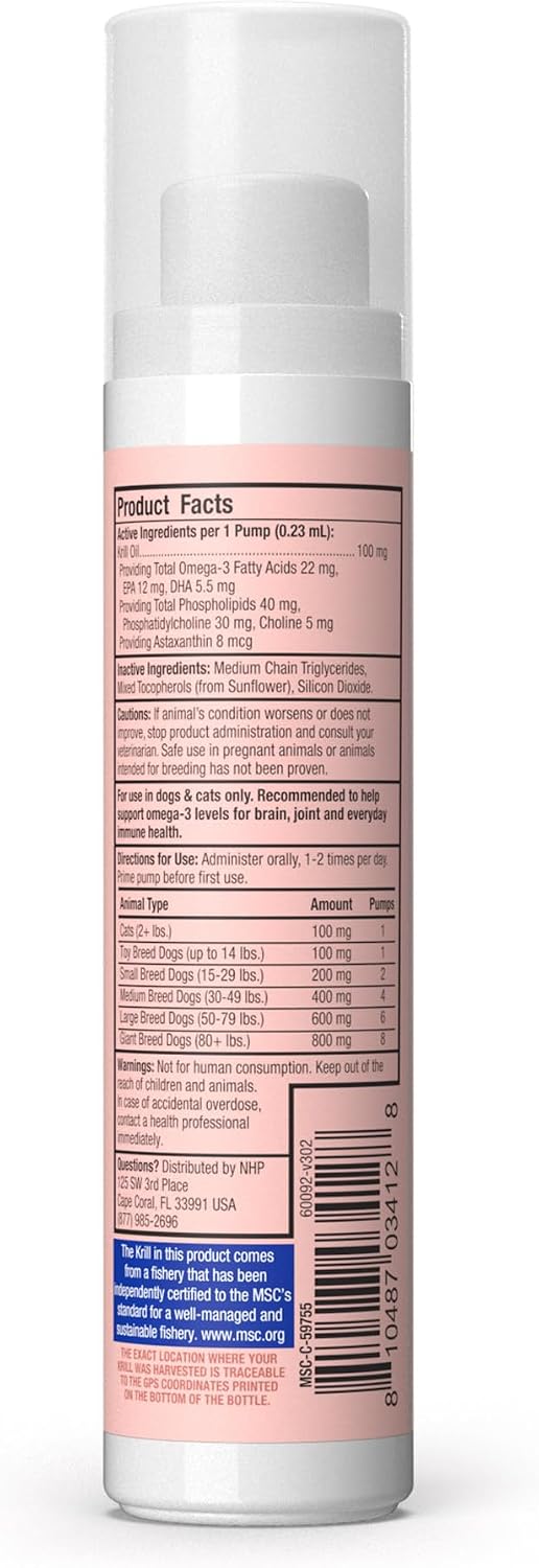 Aceite de Krill en Bomba para Perros y Gatos - Omega-3 EPA/DHA - Apoya Articulaciones, Piel y Cerebro - 43 ml (186 dosis)