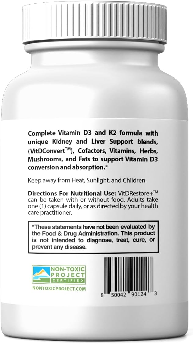 True Cellular Formulas VITDRestore+™ - Vitamina D3 + K2 con Apoyo Hepático y Renal | Sin Soja, No GMO, Vegano, 30 Días