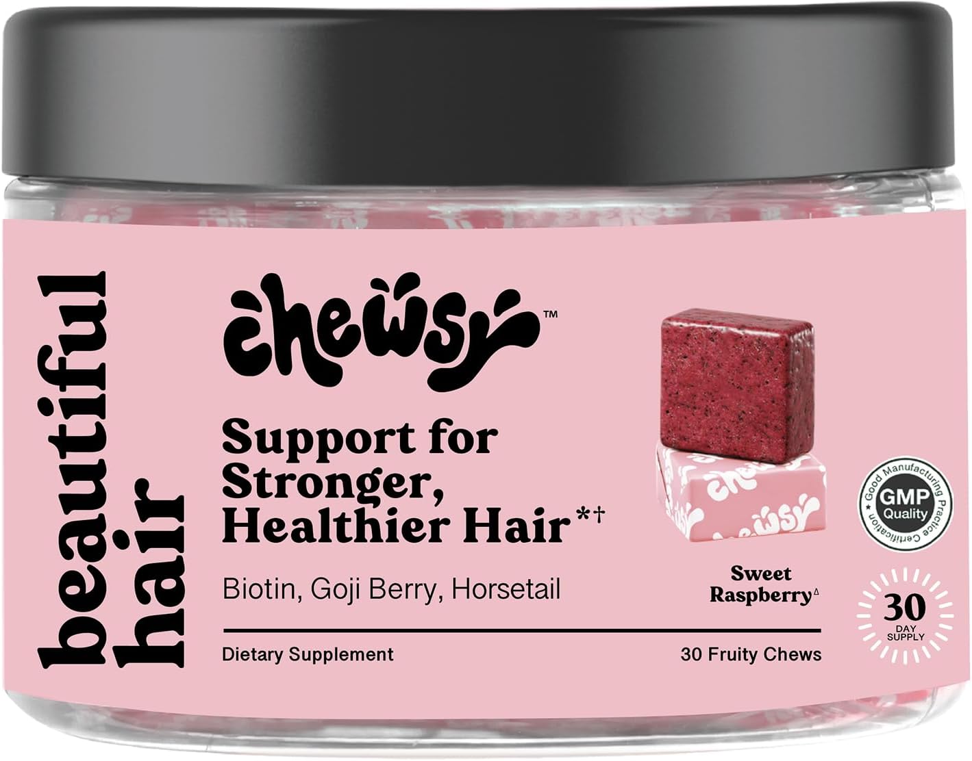 Chewsy Beautiful Hair - Suplemento para el Cabello con Biotina, Vitamina C y Extracto de Cola de Caballo - Frambuesa Dulce, 30 Días