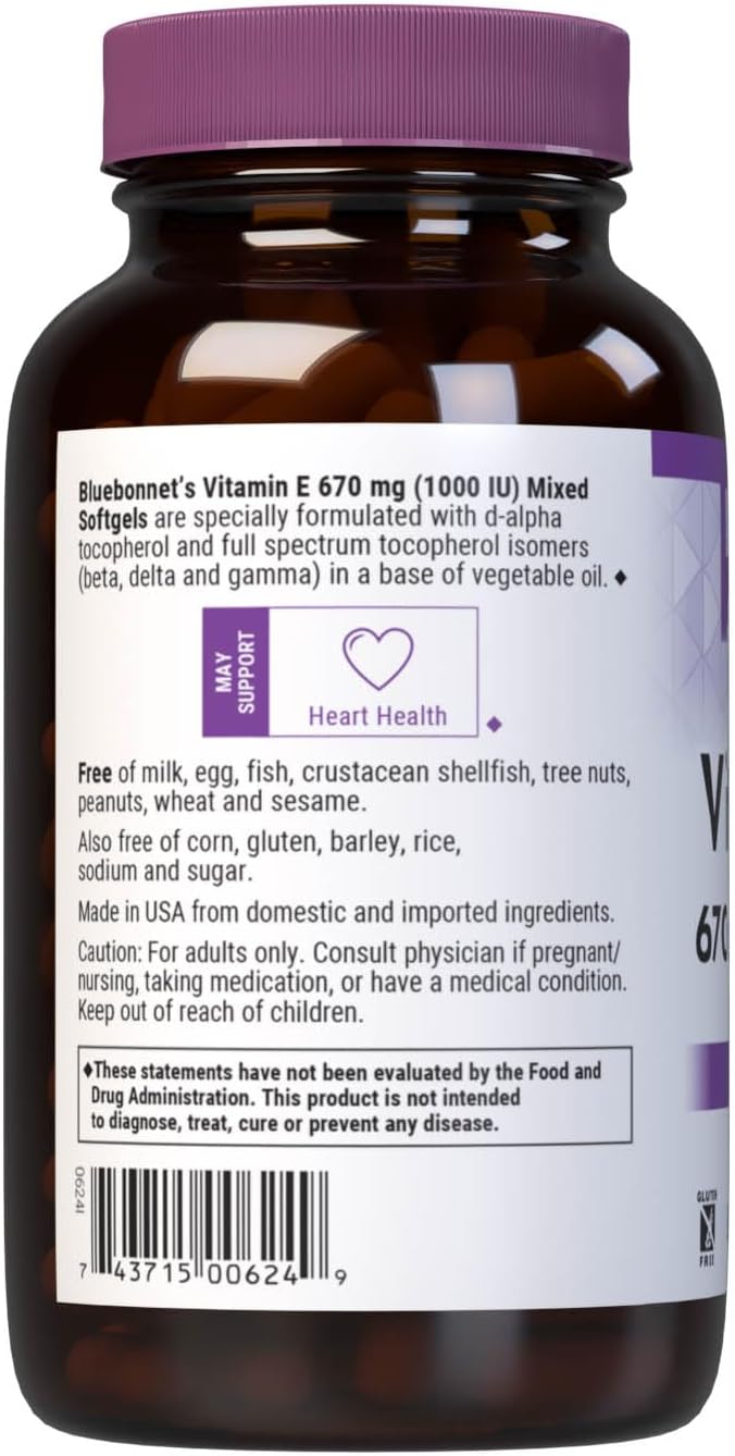 Bluebonnet Vitamina E 1000 UI con Tocoferoles Mixtos, 100 Cápsulas Blandas
