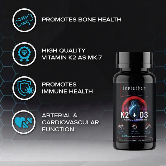 Leviathan Nutrition Vitamina D3 K2 2 en 1 | 360mcg Vitamina K2 (MK7) + Vitamina D3 5000 UI - Fórmula Vegana Orgánica