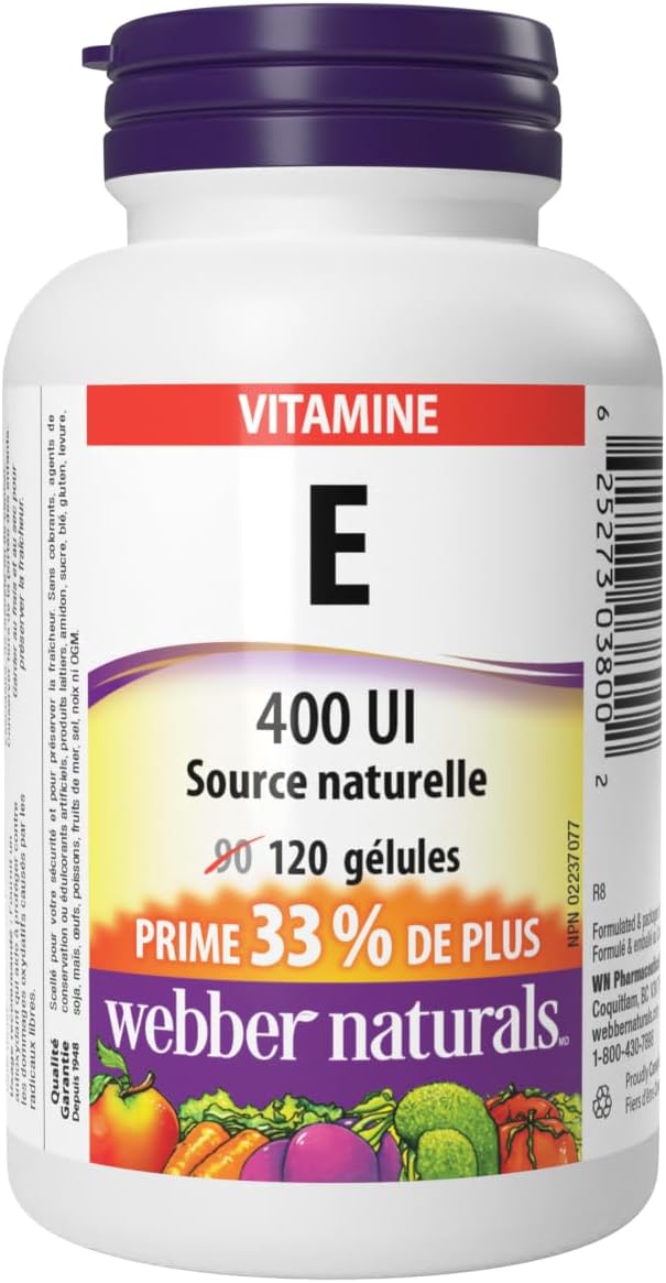 Webber Naturals Vitamina E Natural en Cápsulas Blandas, 400 UI, 120 Cápsulas