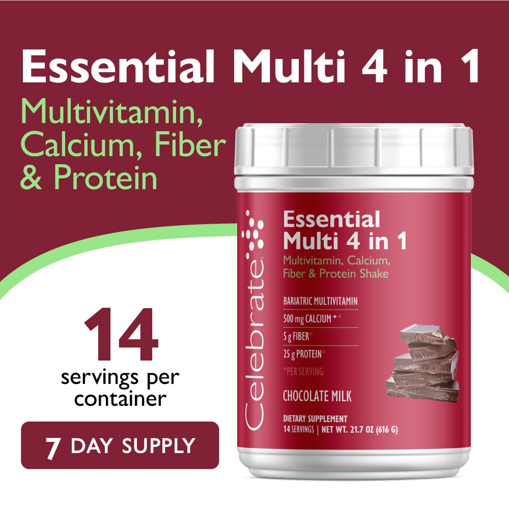 Celebrate Essential Multi 4 en 1 - Multivitamínico Bariátrico en Polvo, Sabor Chocolate, 14 Raciones